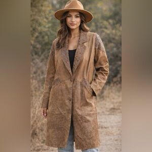 Paris Sport Club Vintage Leather Heritage Trench Coat Boho Western M